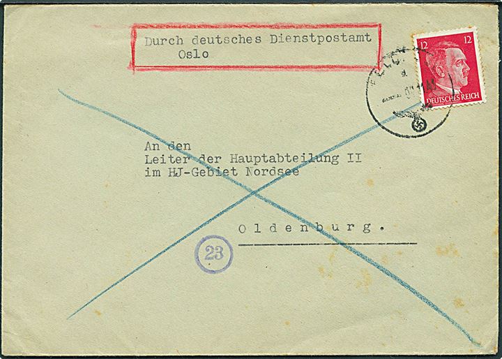 12 pfg. Hitler på brev påskrevet Durch deutsches Dienstpostamt Oslo stemplet Feldpost d. 8.11.1943 til Hitler Jugend (HJ) Gebiet Nordsee i Oldenburg. Fra RK (Røde Kors) Einsatztstab Abt. Jugend Oslo/P3 Radhusgate 17.