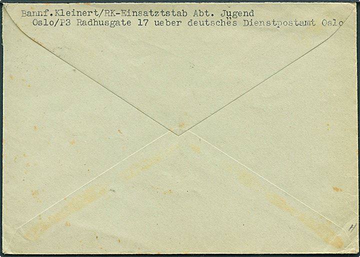 12 pfg. Hitler på brev påskrevet Durch deutsches Dienstpostamt Oslo stemplet Feldpost d. 8.11.1943 til Hitler Jugend (HJ) Gebiet Nordsee i Oldenburg. Fra RK (Røde Kors) Einsatztstab Abt. Jugend Oslo/P3 Radhusgate 17.