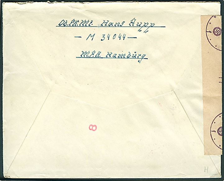 Ufrankeret tysk feltpostbrev med stumt stempel d. 19-12-1944 til Åbenrå, Danmark. Fra tysk sømand med briefstempel Feldpost Nr. M34044 (= 7. Minensuch-Flottille M 201). Åbnet af tysk censur i Hamburg.