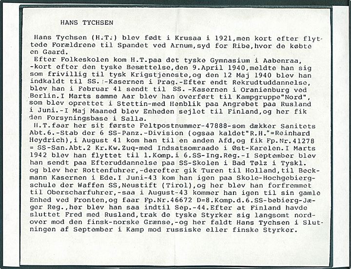 Ufrankeret feltpostkort fra Stuttgart d. 8.3.1943 til dansk SS-frivillig Rottenführer Hans Tychsen på Junkerskole i Bad Tölz - eftersendt til SS-Pz.Gr. Schule. Oplysning om Hans Tychsen vedl.