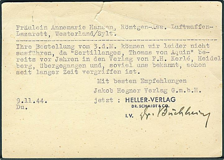 6 pfg. Hitler på brevkort fra Leipzig d. 10.11.1944 til Luftwaffelazarett Westerland på Sylt. Rift.