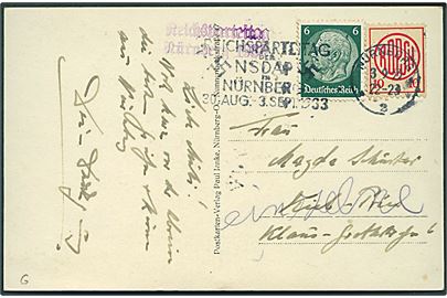 6 pfg. Hindenburg og 10 pfg. ROPSH mærkat på brevkort fra Nürnberg d. 3.9.1933 med violet sidestempel Reichsparteitag Nürnberg 1933 til Kiel.