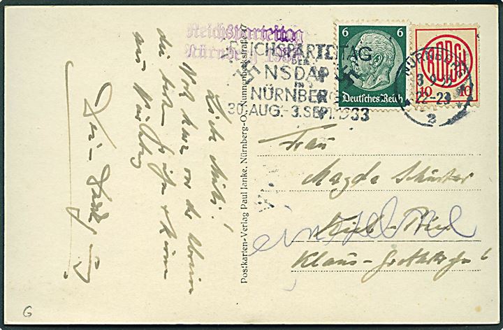 6 pfg. Hindenburg og 10 pfg. ROPSH mærkat på brevkort fra Nürnberg d. 3.9.1933 med violet sidestempel Reichsparteitag Nürnberg 1933 til Kiel.