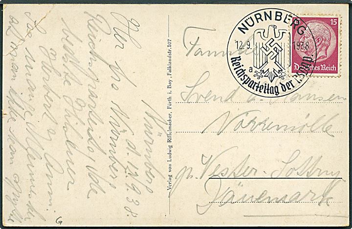 15 pfg. Hindenburg på brev annulleret med særstempel Nürnberg Reichsparteitag der NSDAP d. 12.9.1938 til Vester Sottrup, Danmark. Hj. knæk.
