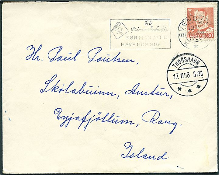 30 øre Fr. IX på brev fra Svendborg d. 11.11.1958 til Eyjafjöllum, Island. Transit stemplet Thorshavn d. 17.11.1958 - antagelig fejlsendt.