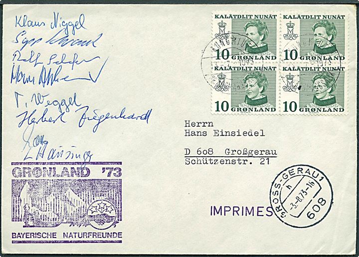 10 øre Margrethe i fireblok på ekspeditionsbrev stemplet Kungmiut pr. Angmagssalik d. 13.7.1973 til Grossgerau, Tyskland. Ekspeditionsstempel: Grønland 73 Bayerische Naturfreunde.