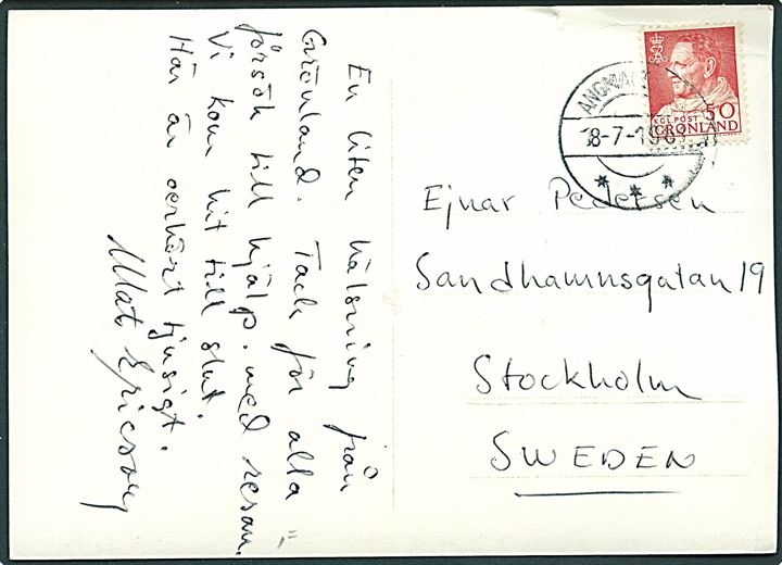 50 øre Fr. IX på brevkort Exp. Erik Rødes Ø stemplet Angmagssalik d. 18.7.1968 til Stockholm, Sverige.