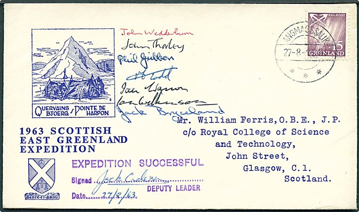 15 øre Nordlys på ekspeditionsbrev stemplet Angmagssalik d. 27.8.1963 til Glasgow, Scotland. Fra 1963 Scottish East Greenland Expedition.