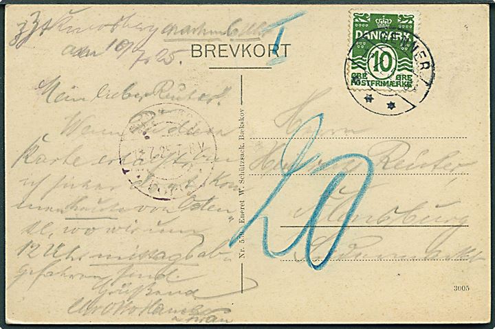 10 øre Bølgelinie på underfrankeret brevkort (Knivsbjerg) annulleret med brotype IIb Genner d. 11.7.1925 til Flensburg, Tyskland. Udtakseret i 20 pfg. tysk porto.