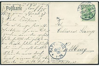 5 pfg. Germania på brevkort fra Tingleff d. 12.10.1905 til Pattburg. Ank.stemplet med vanskeligt stempel Pattburg d. 13.10.1905.