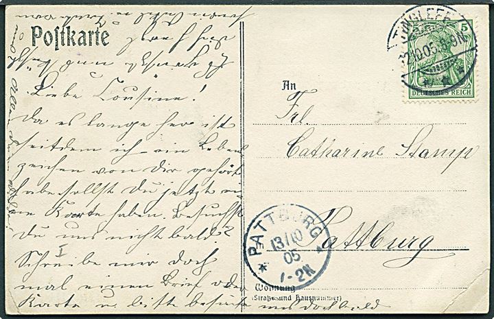 5 pfg. Germania på brevkort fra Tingleff d. 12.10.1905 til Pattburg. Ank.stemplet med vanskeligt stempel Pattburg d. 13.10.1905.