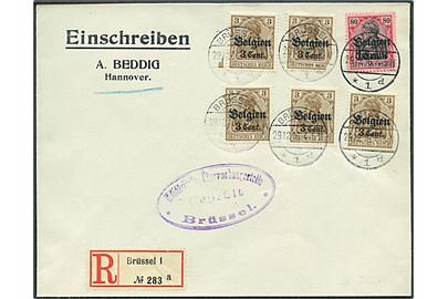 Tysk post i Belgien. 3 c./3 pfg. (5) og 1 fr./80 pfg. Belgien provisorier på anbefalet brev fra Brüssel d. 29.12.1916 til Hannover, Tyskland. 