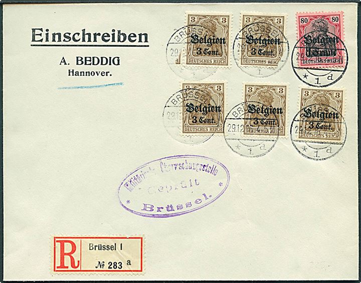 Tysk post i Belgien. 3 c./3 pfg. (5) og 1 fr./80 pfg. Belgien provisorier på anbefalet brev fra Brüssel d. 29.12.1916 til Hannover, Tyskland. 