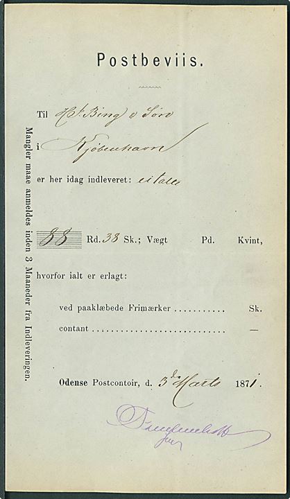 Postbeviis for afsendelse af 88 Rd. 38 sk. (ei Talte) fra Odense Postcontoir d. 3.3.1871 til Kjøbenhavn.