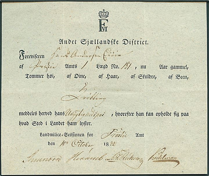 Udygtighedspas fra Anden Sjællandske District. Landmilice-Sessionen for Præstø Amt d. 10.10.1832 for person angivet som Krøbling.