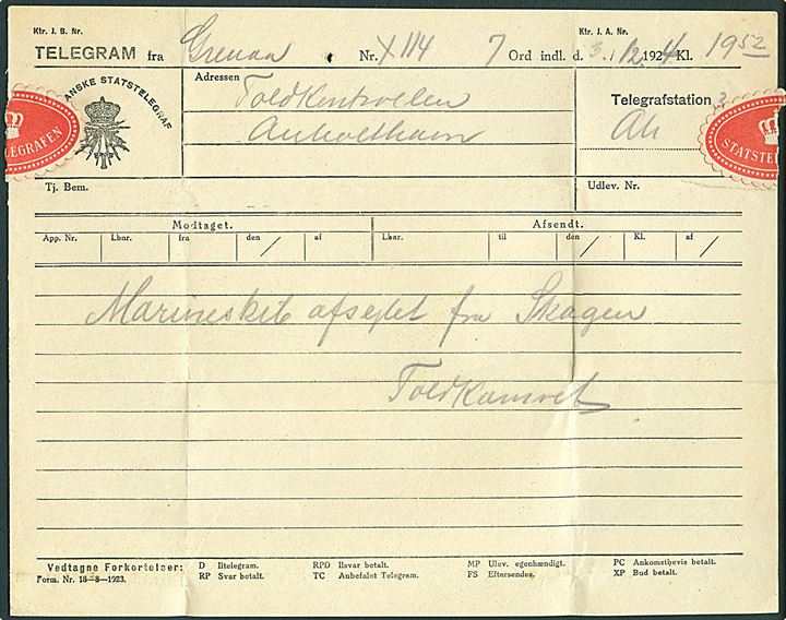 Statstelegrafen telegram formular med meddelelse fra Grenaa modtaget ved Telegrafstationen Anholt Havn d. 3.12.1924. Marineskib afsejlet fra Skagen.