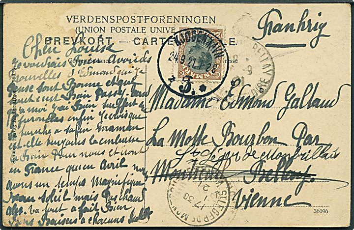 25 øre Chr. X på brevkort (Absalon Statue, København) fra Kjøbenhavn d. 24.9.1921 til Frankrig - eftersendt.