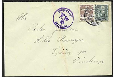 10 øre Bølgelinie og 5 øre Nikolai Kirke på brev annulleret med bureaustempel København - Fredericia d. 29.9.1937 og sidestemplet med posthornstempel HUSUM (Brønshøj) til Vinderup.