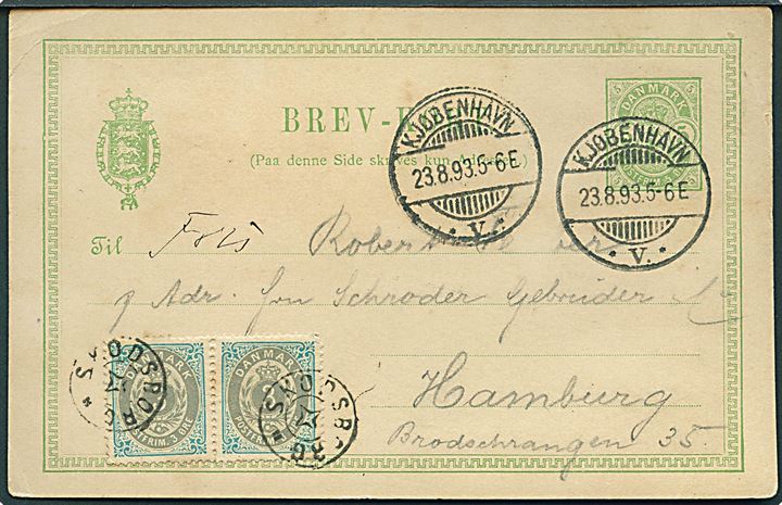5 øre Våben helsagsbrevkort opfrankeret med 3 øre Tofarvet (2) annulleret med stjernestempel SKODSBORG og sidestemplet Kjøbenhavn V. d. 23.8.1893 til Hamburg, Tyskland.