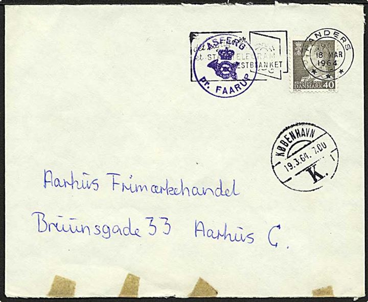 40 øre Fr. IX på brev stemplet Randers d. 18.3.1964 og sidestemplet med posthornstempel ASFERG pr. FAARUP til Aarhus. Fejlsendt til København. Tape-rester i bunden.