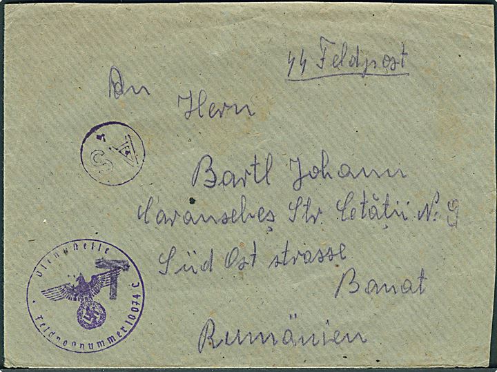 Ufrankeret SS-feldpostbrev uden poststempel til Banat, Rumænien. Briefstempel fra Feldpost nr. 10074C (= 2. Batterie Artillerie-Regiment SS-Panzergrenadier-Division Das Reich) samt censurstempel As 4. Afsender bortklippet.