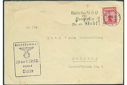 12 pfg. Tjenestemærke på brev fra Stettin d. 11.11.1938 til Leipzig. Briefstempel: SA der NSDAP Brigade 9 Stettin.