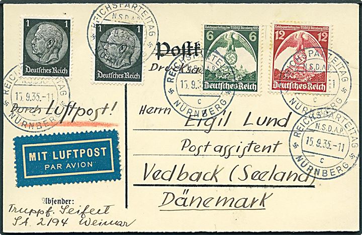 6 pfg. og 12 pfg. Reichsparteitag udg., samt 1 pfg. Hindenburg (2) på luftpost tryksag annulleret med særstempel Reichsparteitag Nürnberg d. 15.9.1935 til Vedbæk, Danmark. Uden meddelelse på bagsiden.
