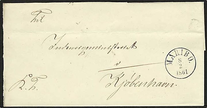 1861. Ufrankeret tjenestebrev med antiquastempel Maribo d. 8.2.1861 til Kjøbenhavn.