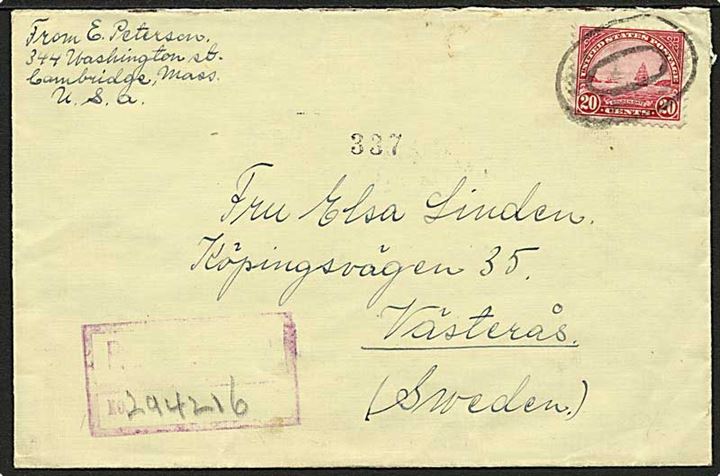20 c. Golden Gate single på anbefalet brev fra Cambridge Mass. d. 24.8.1932 via New York til Västerås, Sverige.