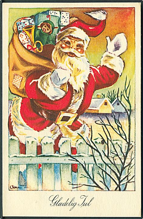 Axe Djervad: Glædelig Jul. Julemanden ved stakit. Iført rød kåbe. Rudolf Olsens Kunstforlag u/no. 