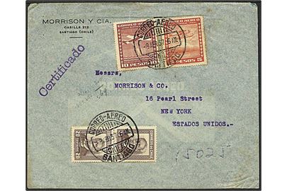 15,40 p. blandingsfrankeret anbefalet luftpostbrev fra Santiago d. 8.4.1937 til New York, USA