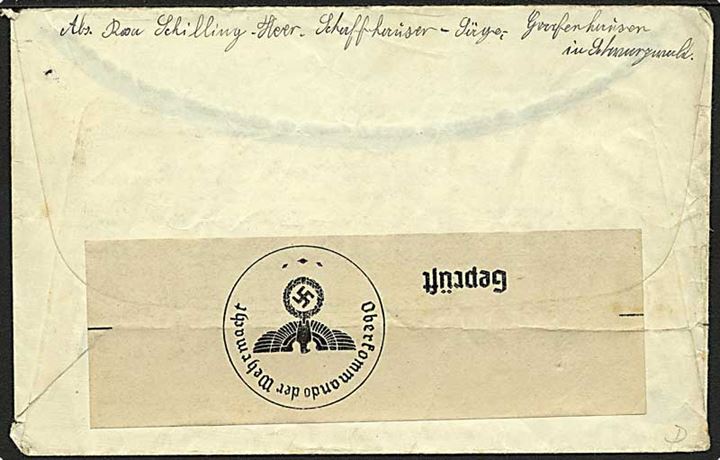25 pfg. Hindenburg single på feltpostbrev fra Grafenhausen (Schwartzwald) d. 8.1.1940 til feltpostadresse i Schweiz. Eftersendt. Åbnet af tysk censur.