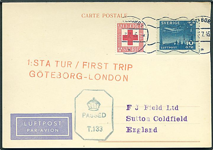 10 öre Luftpost og 20 öre Røde Kors på 1.-flyvnings luftpost brevkort fra Göteborg d. 3.7.1945 til Sutton Coldfield, England. Britisk censur Passed T.133.