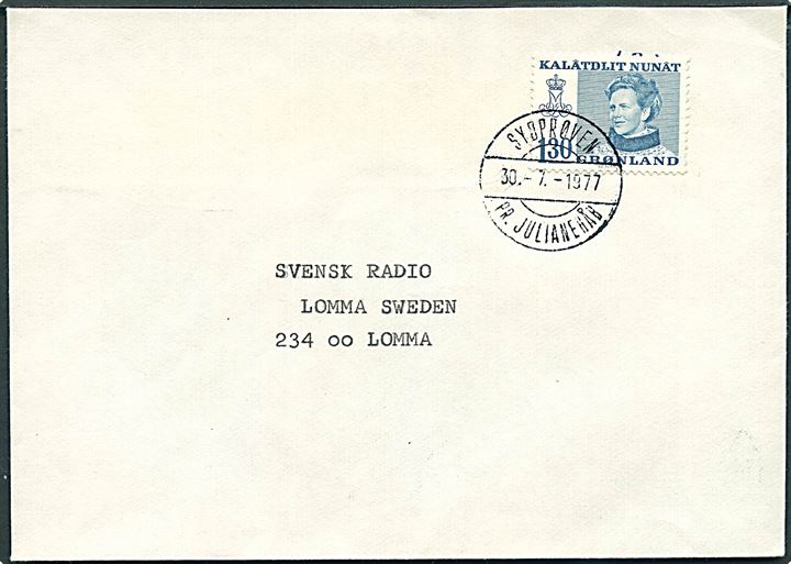 130 øre Margrethe på brev annulleret med pr.-stempel Sydprøven pr. Julianehåb d. 30.7.1977 til Lomma, Sverige.