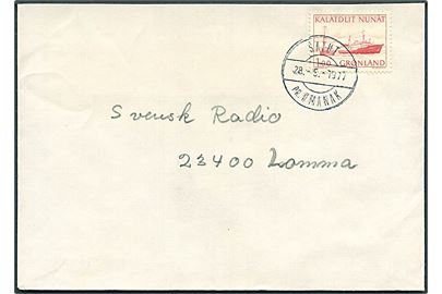 1 kr. Postbefordring på brev annulleret med pr.-stempel Satut pr. Umanak d. 28.5.1977 til Lomma, Sverige.