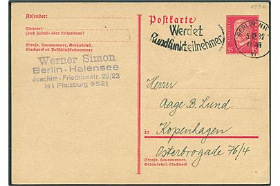 15 pfg. Hindenburg helsagsbrevkort fra Berlin d. 5.12.1932 til København, Danmark.
