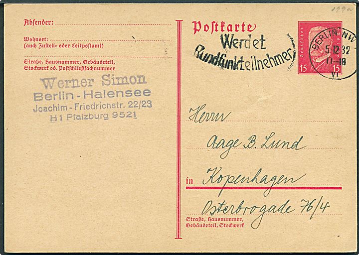 15 pfg. Hindenburg helsagsbrevkort fra Berlin d. 5.12.1932 til København, Danmark.