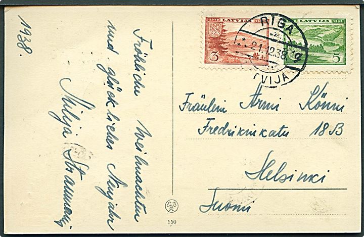 3 s. og 5 s. Republik 20 år på brevkort fra Riga d. 21.12.1938 til Helsinki, Finland.