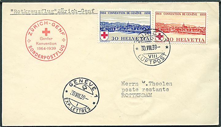 20 c. og 30 c. Geneve Konvention på Røde Kors Flyvningebrev fra Zürich d. 30.8.1939 via Geneve til Rotterdam, Holland.
