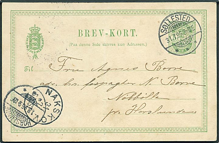 5 øre Våben helsagsbrevkort (fold) annulleret med brotype Ia Søllested d. 31.7.1896 via Nakskov til Nøbbølle pr. Horslunde.