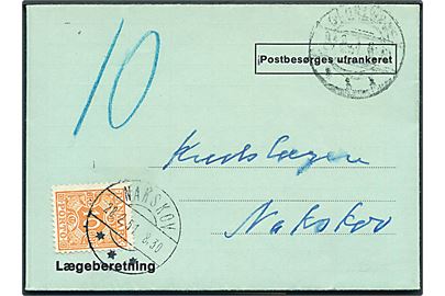 Ufrankeret Lægeberetning fra Gloslunde d. 27.2.1952 til Nakskov. Udtakseret i enkeltporto med 10 øre Portomærke stemplet Nakskov d. 28.2.1951.