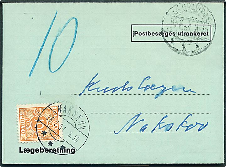 Ufrankeret Lægeberetning fra Gloslunde d. 27.2.1952 til Nakskov. Udtakseret i enkeltporto med 10 øre Portomærke stemplet Nakskov d. 28.2.1951.