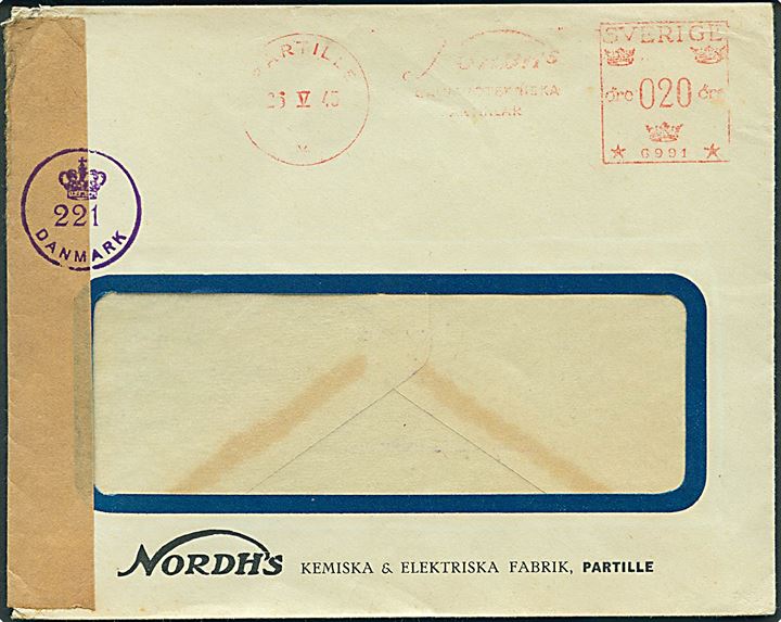 20 öre firmafranko på rudekuvert fra Partille d. 26.5.1945 til Danmark. Åbnet af dansk efterkrigscensur med neutral brun banderole stemplet (kroen)/221/Danmark.