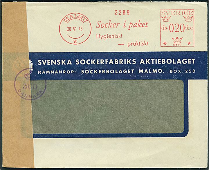 20 öre firmafranko på rudekuvert fra Malmö d. 26.5.1945 til Danmark. Åbnet af dansk efterkrigscensur med neutral brun banderole stemplet (kroen)/300/Danmark.