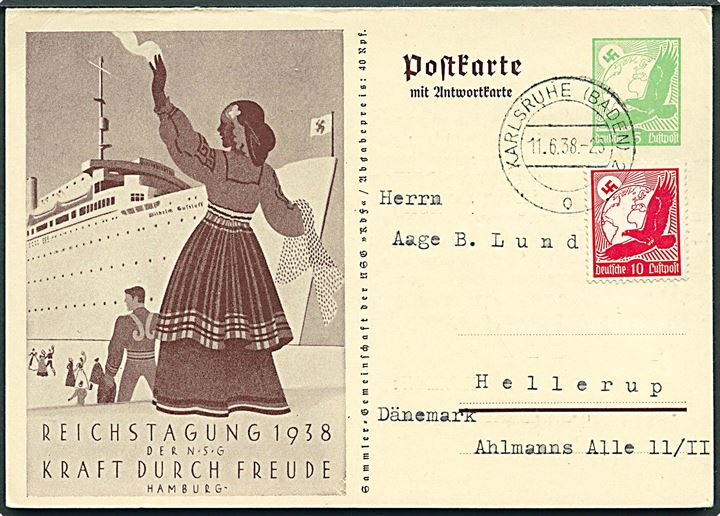 5 pfg. illustreret Reichstagung 1938 der N.S.G. Kraft durch Freude dobbelt helsagsbrevkort opfrankeret med 10 pfg. Luftpost fra Karlsruhe d. 11.6.1938 til Hellerup. Vedhængende ubenyttet svardel.