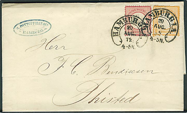 ½ gr. og 1 gr. Lille Brystskjold på brev fra Hamburg d. 20.8.1872 til Thisted, Danmark. Særtakst fra Hertugdømmerne til Danmark.
