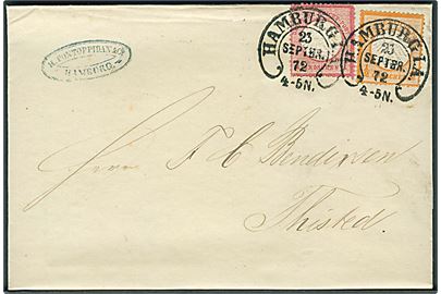 ½ gr. og 1 gr. Lille Brystskjold på brev fra Hamburg d. 23.9.1872 til Thisted, Danmark. Særtakst fra Hertugdømmerne til Danmark.