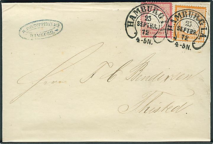 ½ gr. og 1 gr. Lille Brystskjold på brev fra Hamburg d. 23.9.1872 til Thisted, Danmark. Særtakst fra Hertugdømmerne til Danmark.