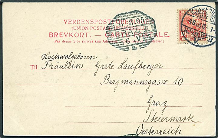 10 øre Chr. IX på brevkort fra Kjøbenhavn d. 4.8.1905 til Graz, Østrig. Ank.stemplet i Graz d. 6.8.1905.