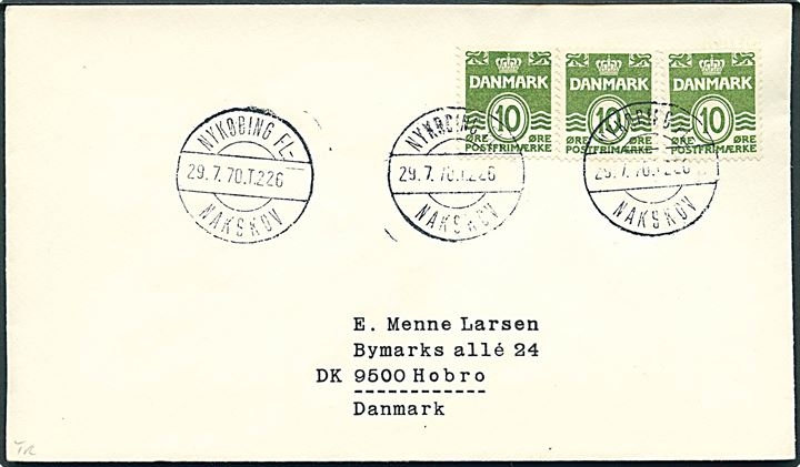 10 øre Bølgelinie (3) på tryksag annulleret med bureaustempel Nykøbing Fl - Nakskov T.226 d. 29.7.1970 til Hobro.